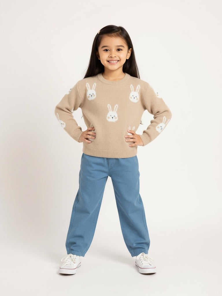 HOP Kids Girls Beige Bunny Design Sweater