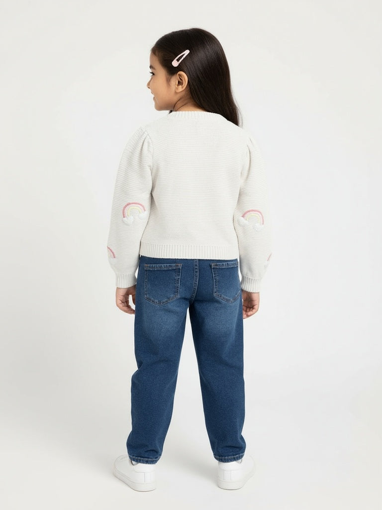 HOP Kids Girls Off-White Rainbow Design Cotton Sweater