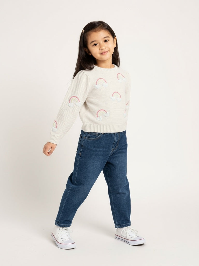 HOP Kids Girls Off-White Rainbow Design Cotton Sweater