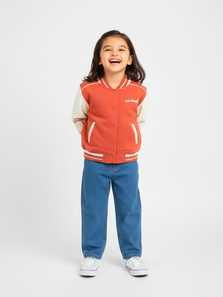 HOP Kids Girls Red Text Design Cotton-Blend Varsity Jacket