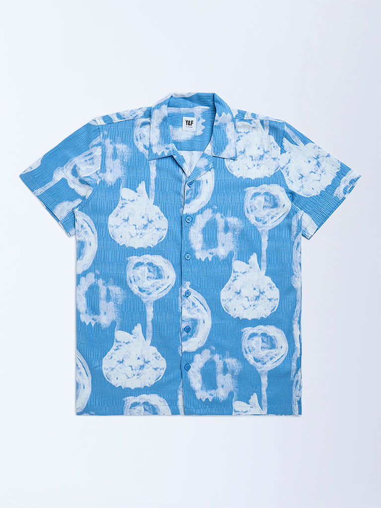 Westside Y&F Boy's Blue Abstract Design Resort-Fit Shirt for Casual Wear Front View