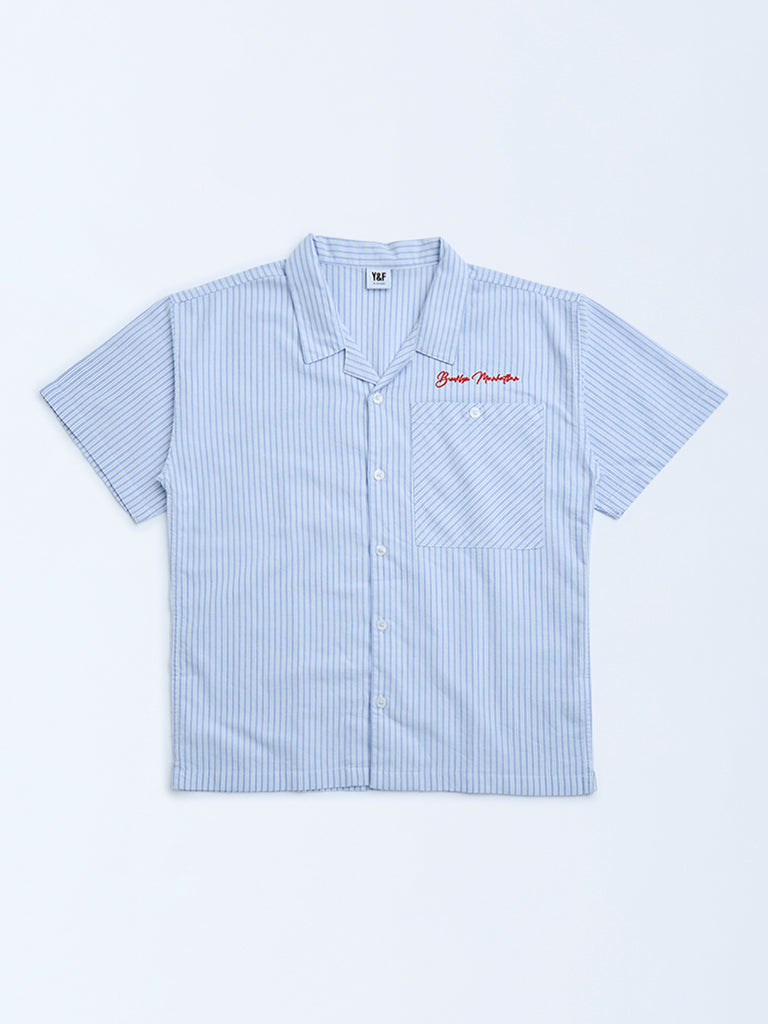 Y&F Kids Blue Striped Resort-Fit Cotton Shirt