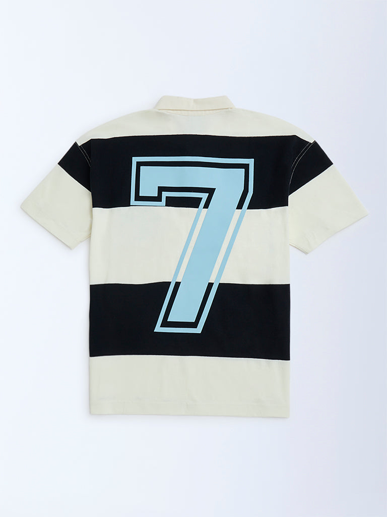 Westside Y&F Boy's Black Colour-Blocked Cotton Polo T-Shirt for Casual Wear Back View