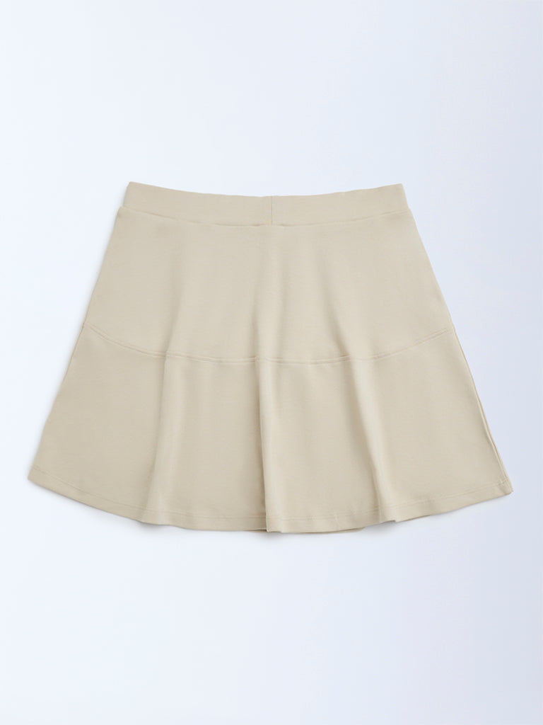 Westside Y&F Girl's Beige Striped High-Rise Cotton-Blend Skirt for Casual Wear Back View