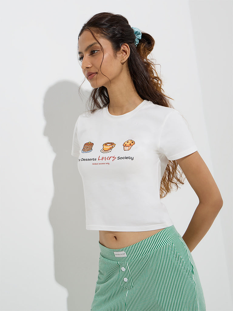 Westside Superstar Women's White Printed Cotton-Blend T-Shirt for Casual Wear Front View