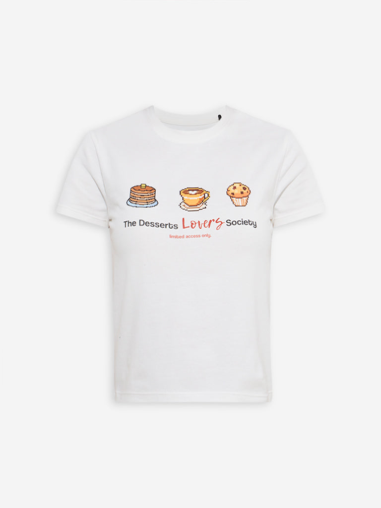 Westside Superstar Women's White Printed Cotton-Blend T-Shirt for Casual Wear Flatly View