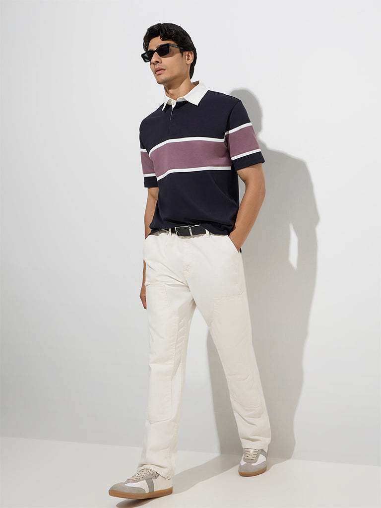 Westside WES Casuals Men's Navy Relaxed-Fit Cotton-Blend Polo T-Shirt for Casual Wear Full View