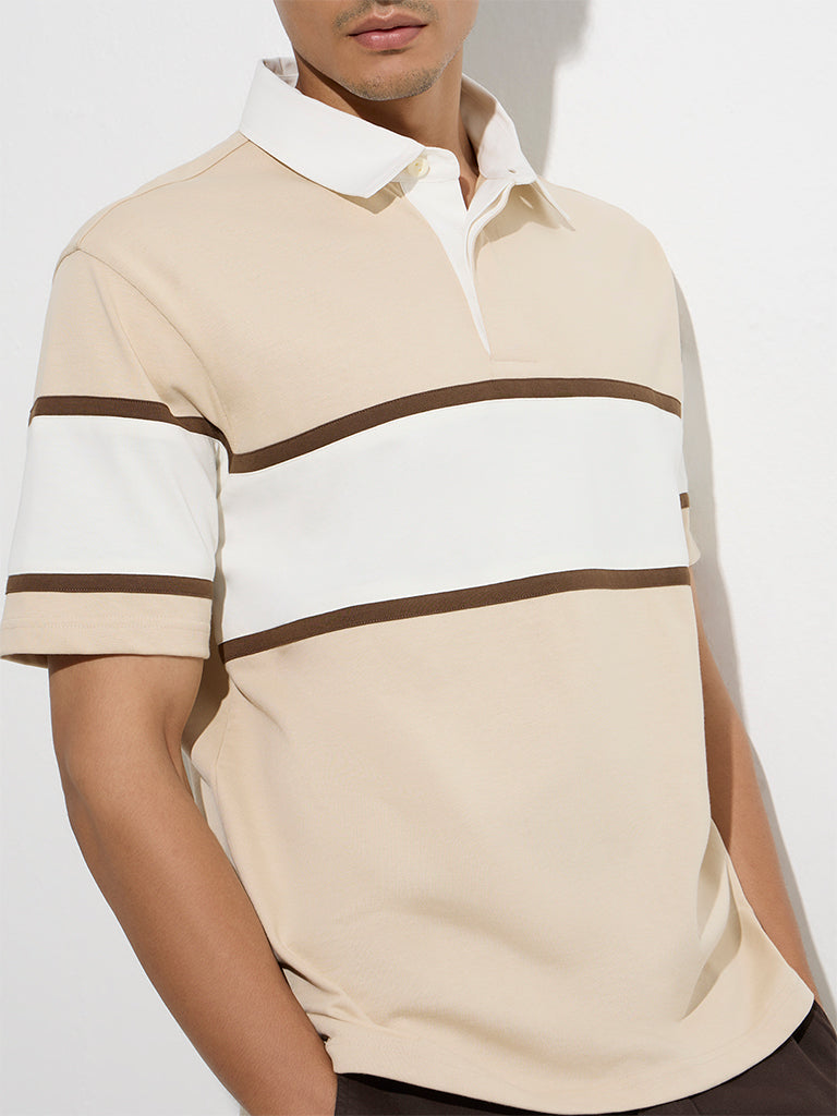 Westside WES Casuals Men's Beige Relaxed-Fit Cotton-Blend Polo T-Shirt for Casual Wear Zoomed View