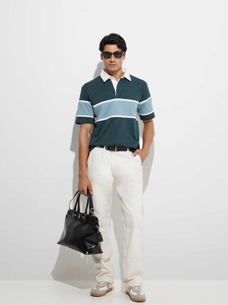 Westside WES Casuals Men's Teal Relaxed-Fit Cotton-Blend Polo T-Shirt for Casual Wear Full View