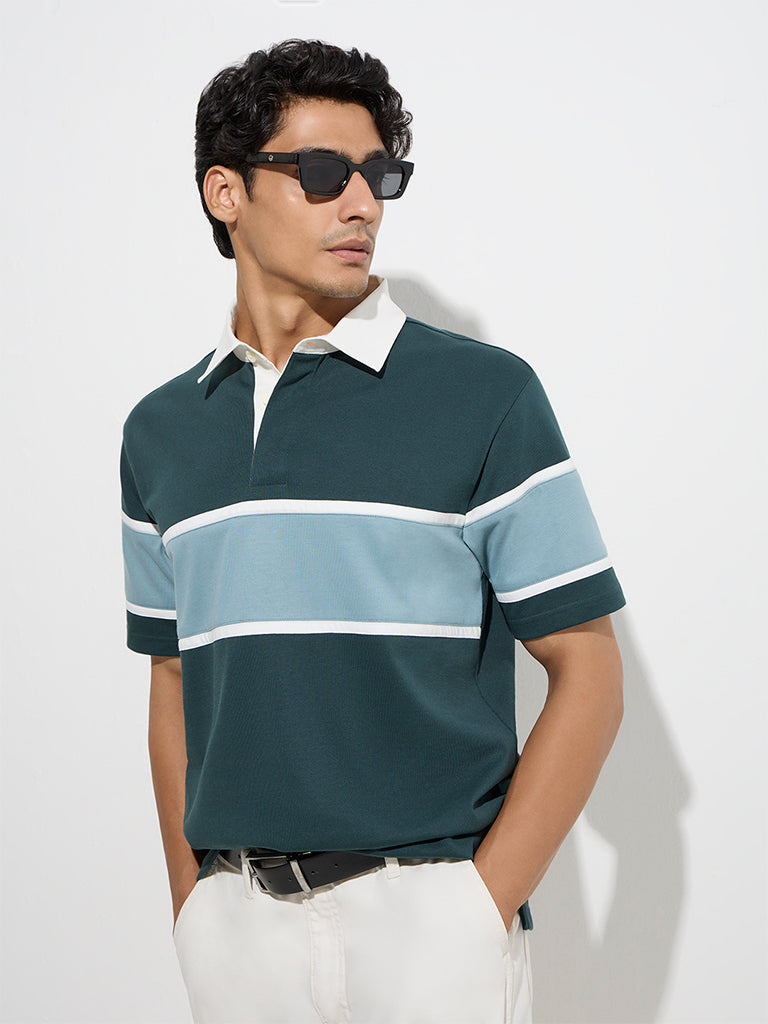 Westside WES Casuals Men's Teal Relaxed-Fit Cotton-Blend Polo T-Shirt for Casual Wear Front View