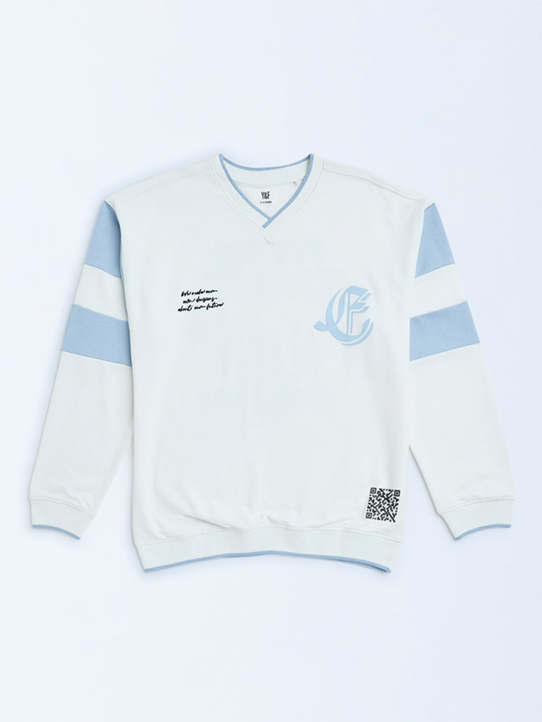 Westside Y&F Boy's White Text Design Cotton-Blend Sweatshirt for Winter Wear Front View