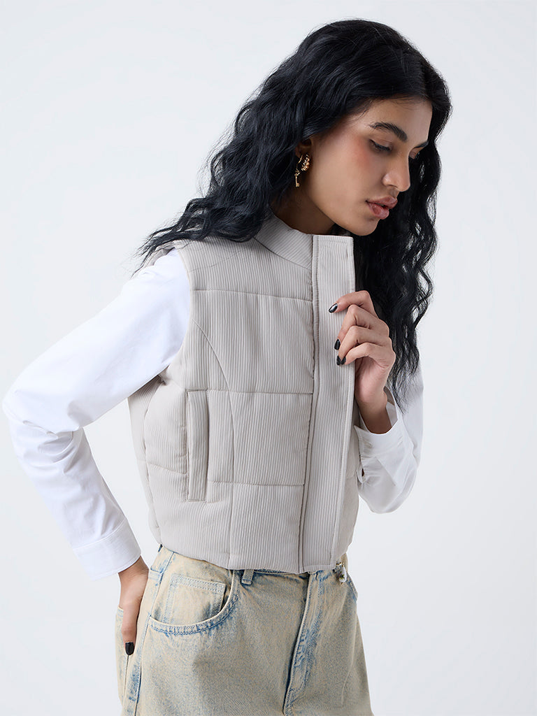 Nuon Light Beige Self-Striped Puffer Jacket