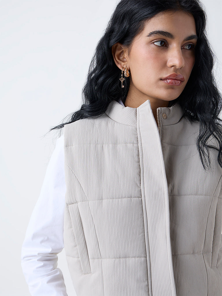 Nuon Light Beige Self-Striped Puffer Jacket