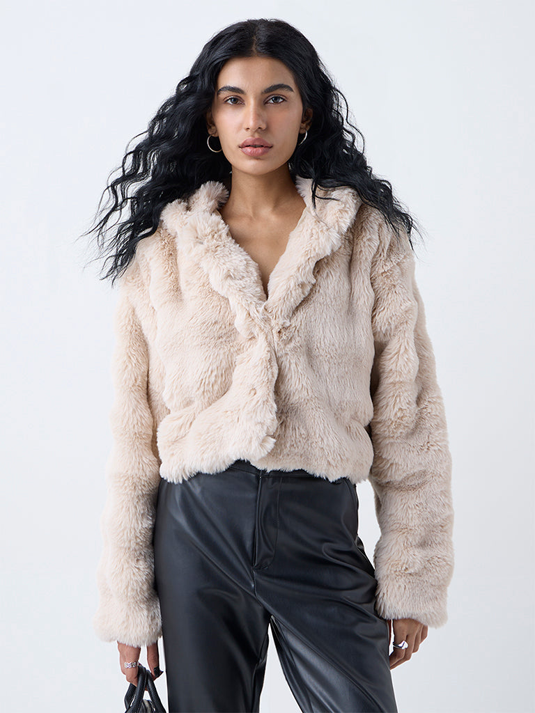 Nuon Beige Hooded Fur Jacket
