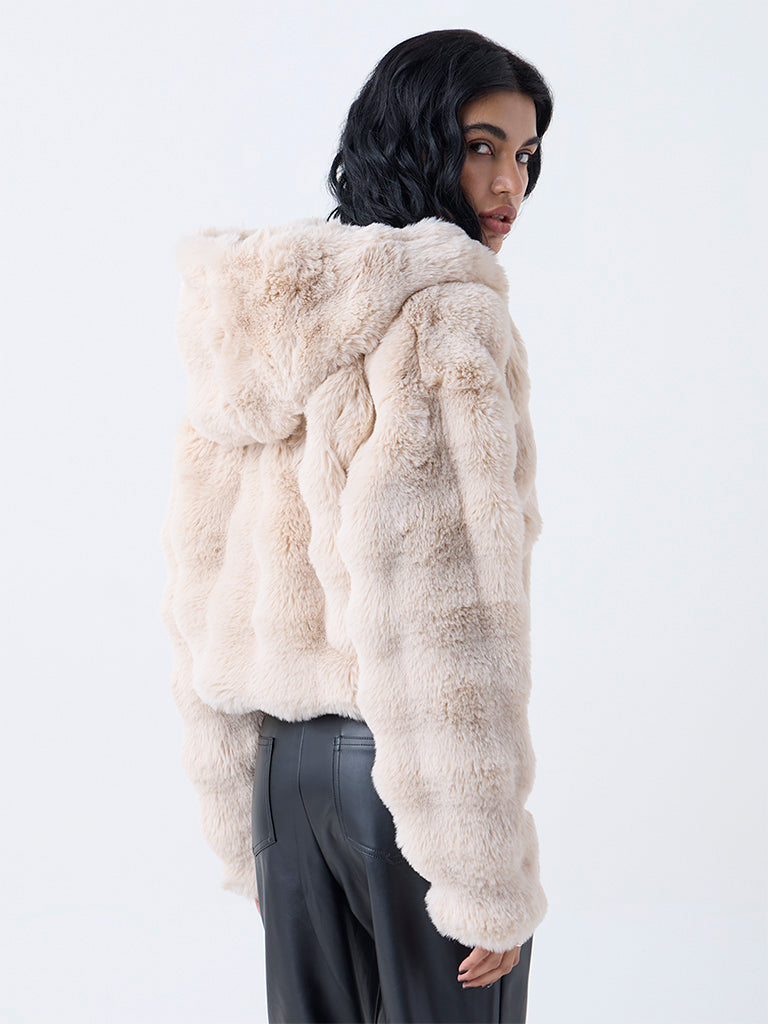 Nuon Beige Hooded Fur Jacket