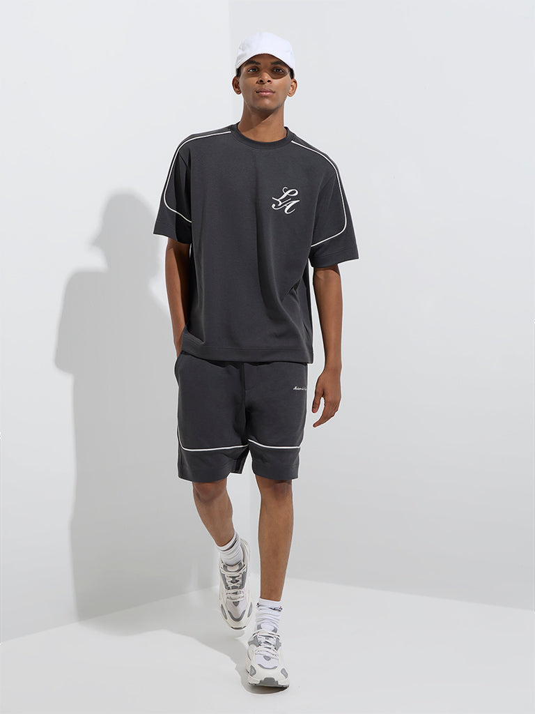Westside Studiofit Men's Charcoal Relaxed-Fit Cotton-Blend T-Shirt for Sports Wear Full Model View