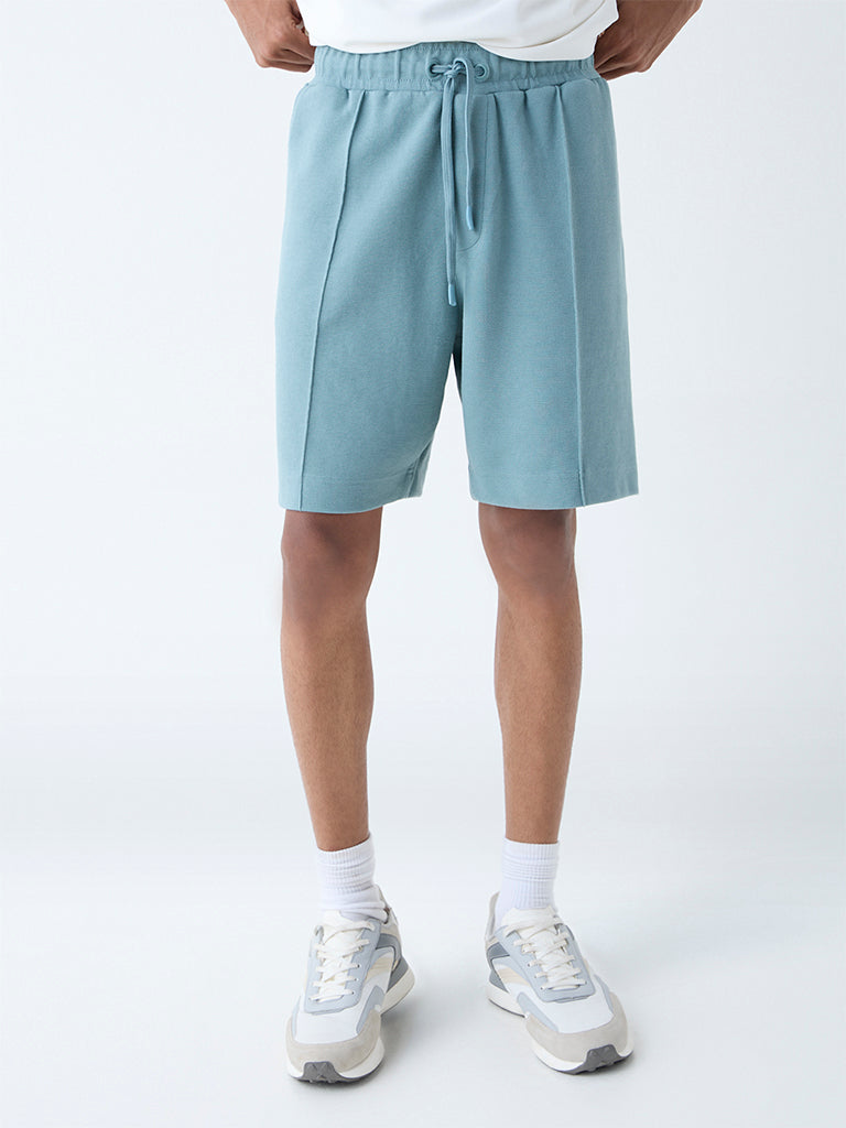 Westside Studiofit Men's Light Teal Relaxed-Fit Cotton-Blend Shorts for Sports Wear Front View