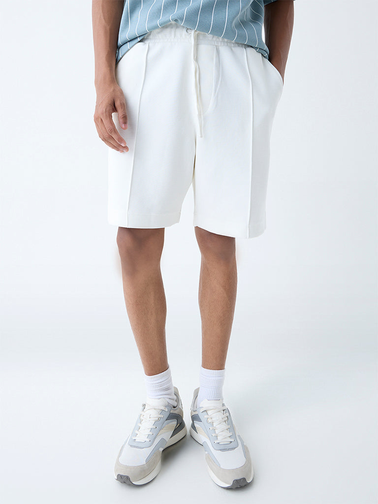 Westside Studiofit Men's White Relaxed-Fit Mid-Rise Cotton-Blend Shorts for Sports Wear Front View