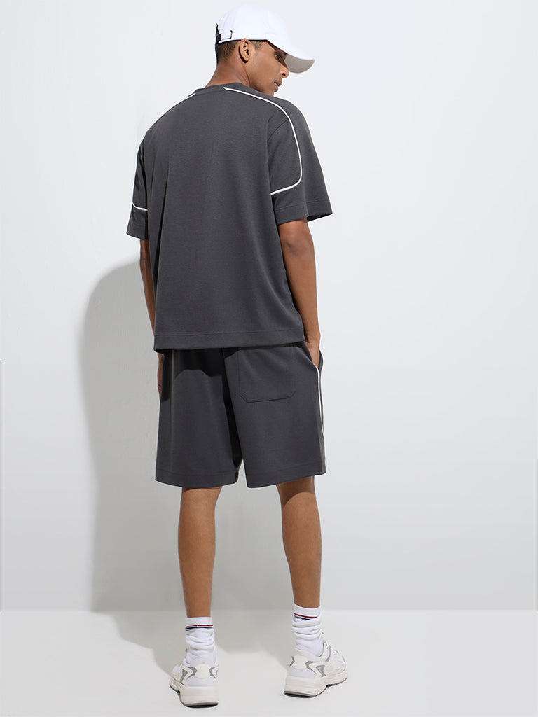 Westside Studiofit Men's Charcoal Relaxed-Fit Cotton-Blend Shorts for Sports Wear Back View