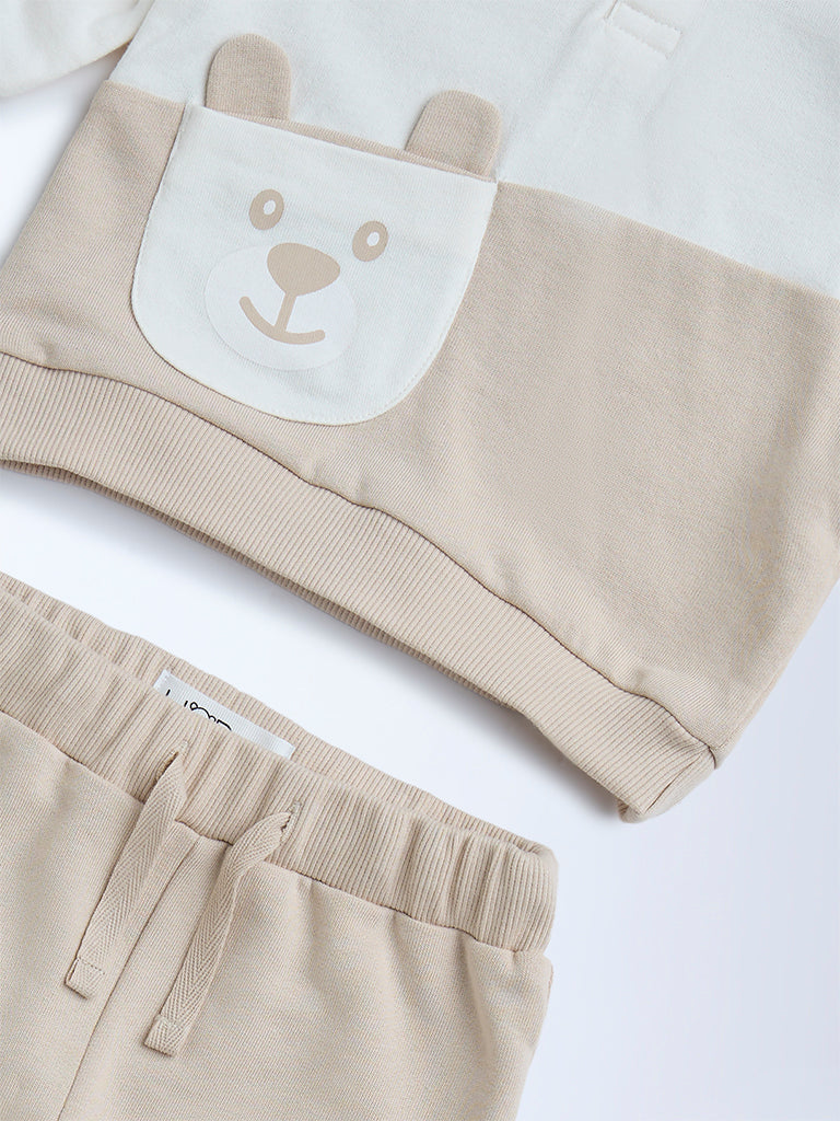 HOP Baby Beige Animal Printed Cotton Sweatshirt with Joggers Set