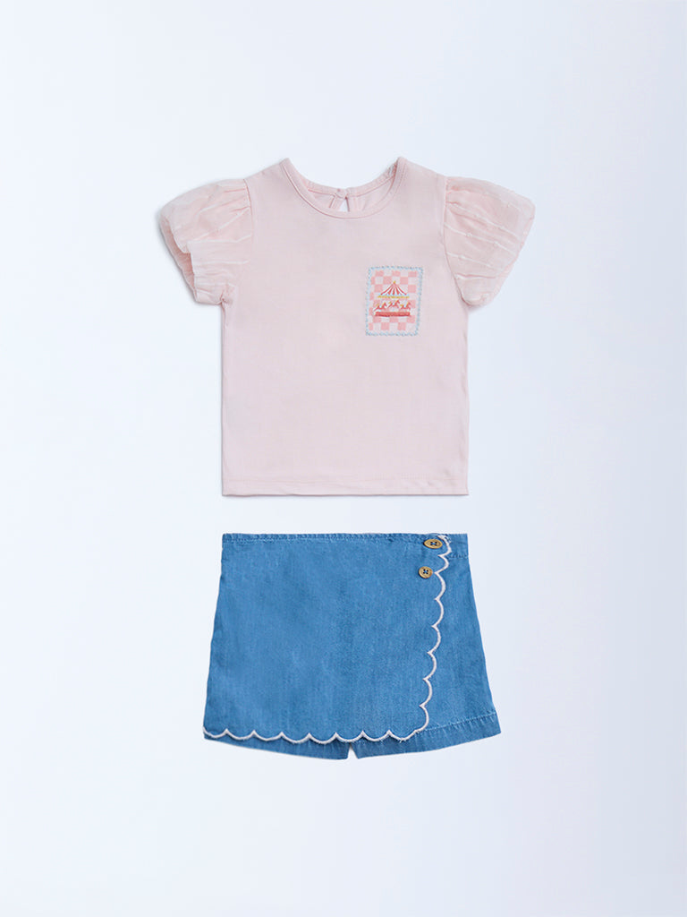 Westside HOP Baby Girl's Light Pink Cotton T-Shirt and Skorts Set for Casual Wear Front View