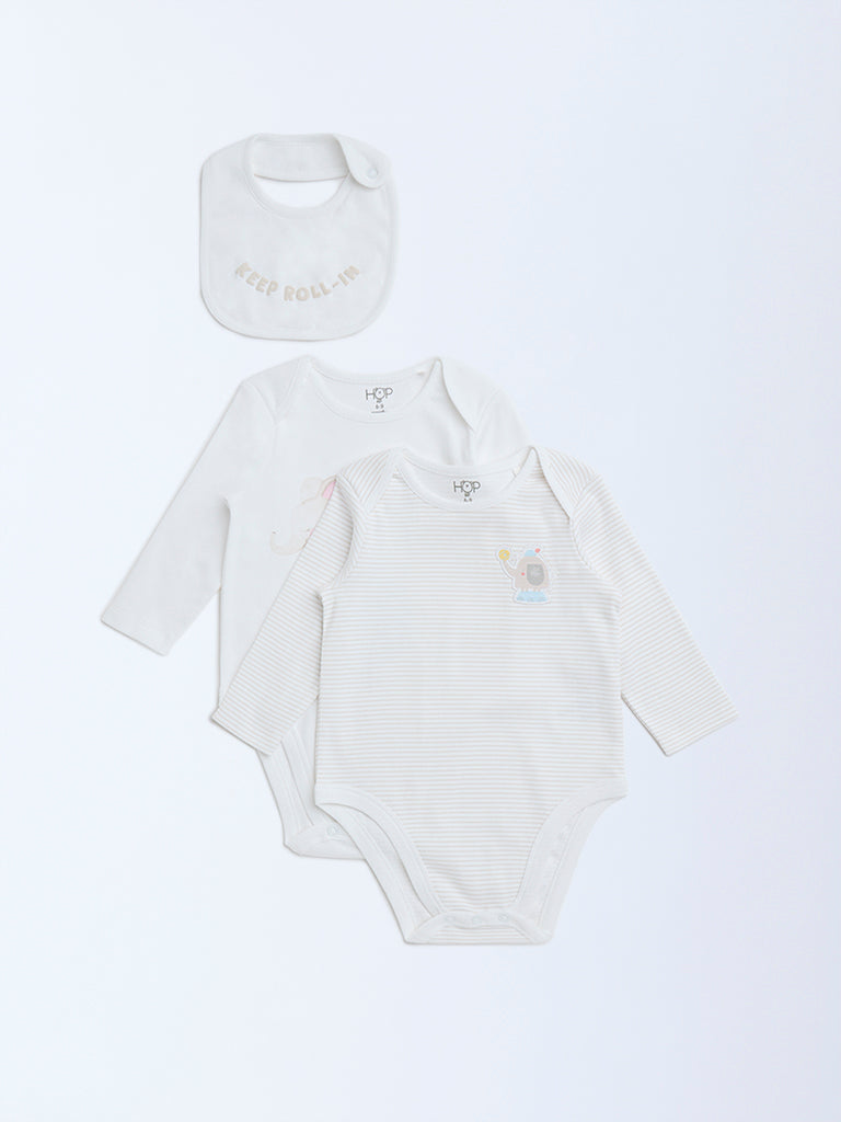 Westside HOP Baby Boy's Off-White Printed Cotton Rompers with Bib - Pack of 2 for Casual Wear Front View