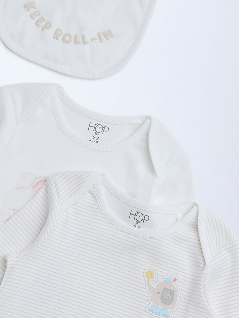 Westside HOP Baby Boy's Off-White Printed Cotton Rompers with Bib - Pack of 2 for Casual Wear Zoomed View