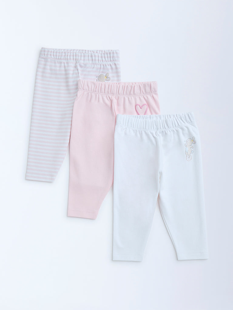 HOP Baby Pink Printed Mid-Rise Cotton Pants - Pack of 3