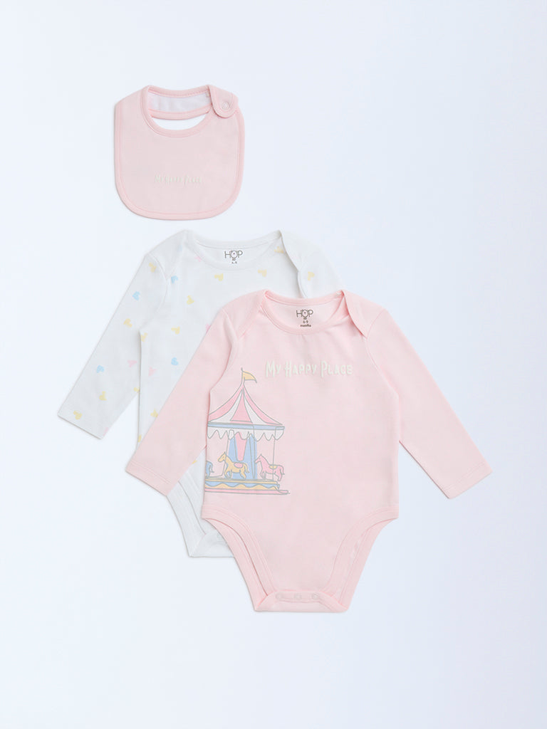 Westside HOP Baby Girl's Pink Printed Cotton Rompers with Bib - Pack of 2 for Casual Wear Front View