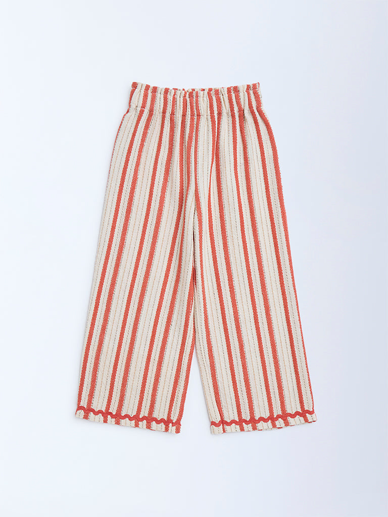 Westside HOP Kids Rust Striped High-Rise Cotton-Blend Trousers for Casual Wear Front View