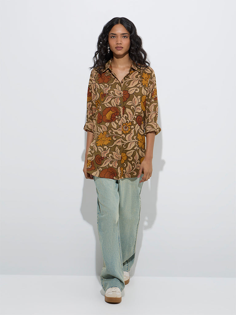 Westside Utsa Women's Olive Floral Design Tunic for Everyday Full Model View