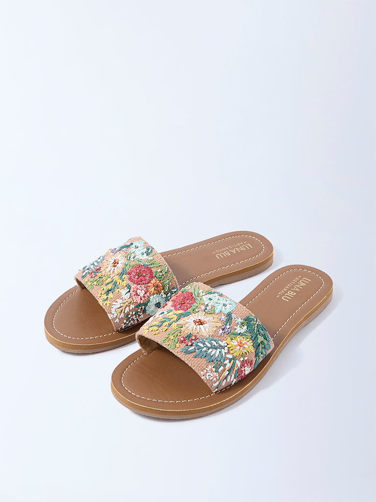LUNA BLU Taupe Floral Embroidered Slides