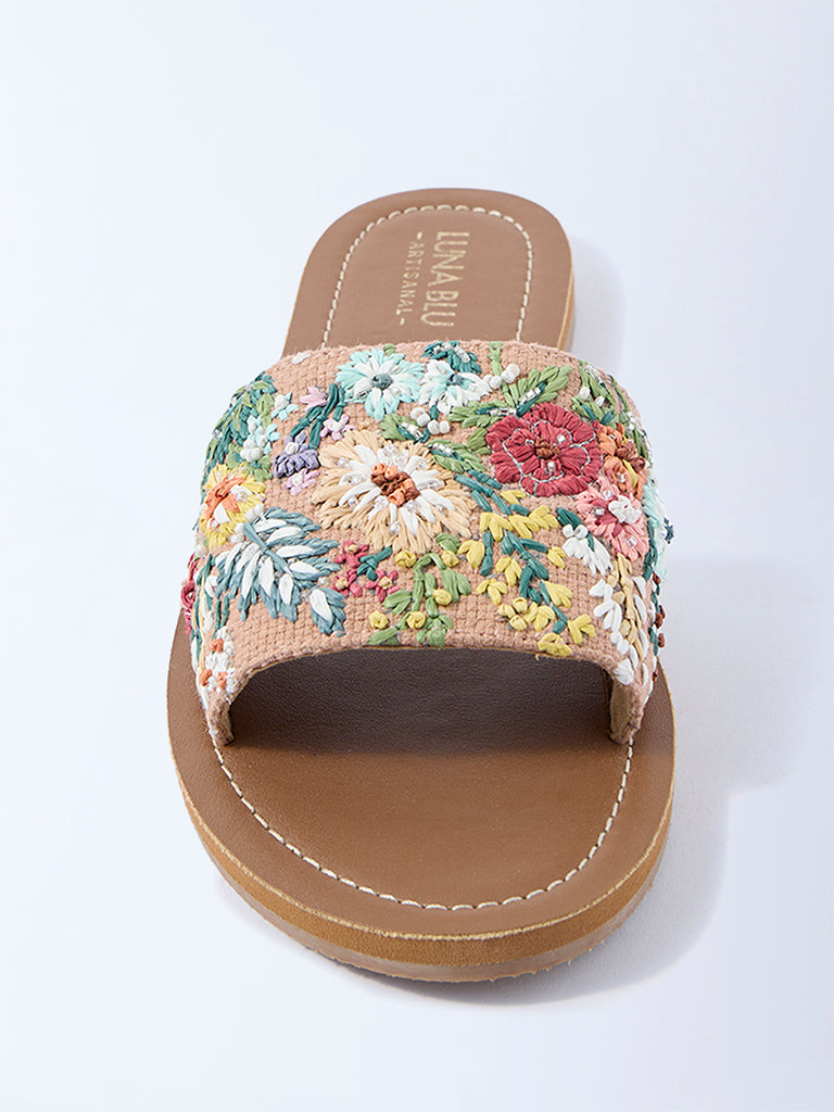 LUNA BLU Taupe Floral Embroidered Slides
