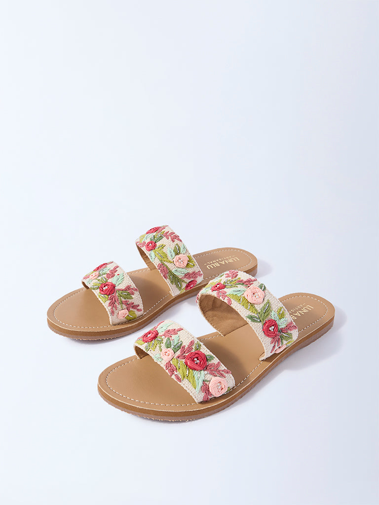 LUNA BLU Red Floral Embroidered Slip-On Sandals