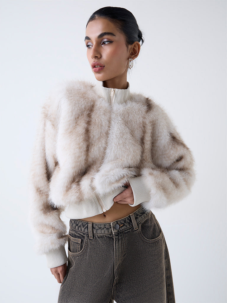 Nuon Off-White Printed Faux-Fur Jacket