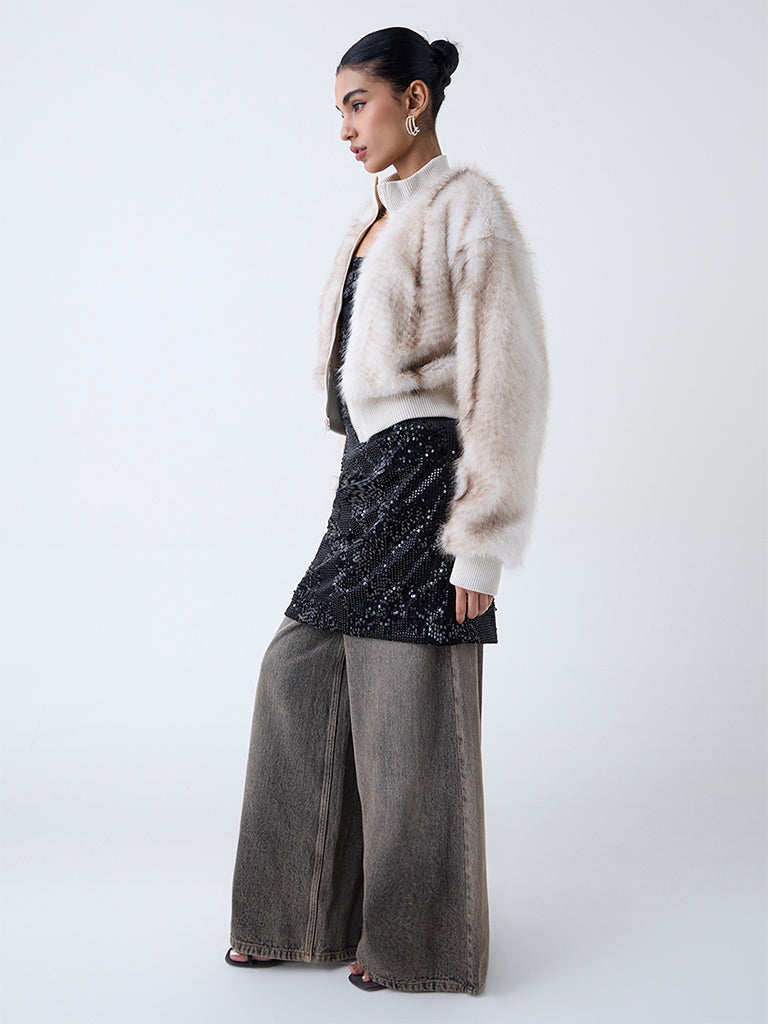 Nuon Off-White Printed Faux-Fur Jacket