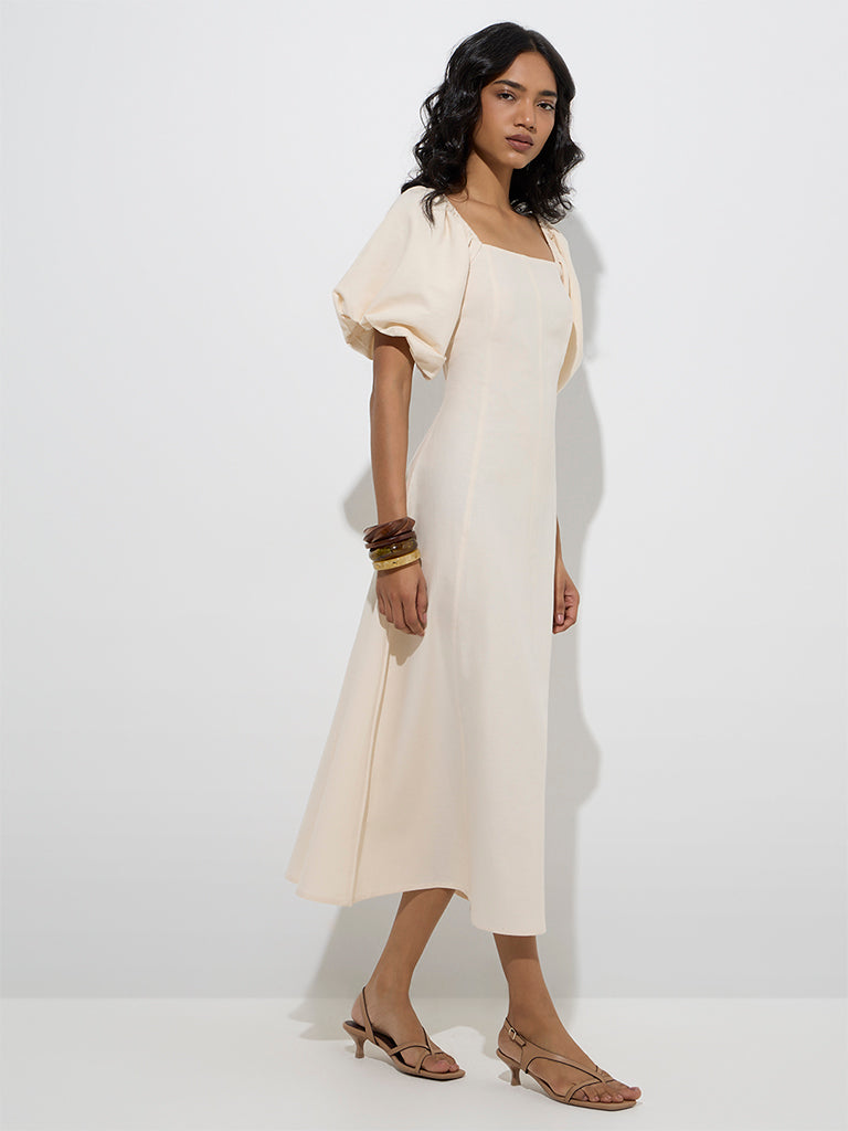 Westside LOV Women's Off-White Solid Cotton-Blend A-Line Dress for Casual Wear Full Model View