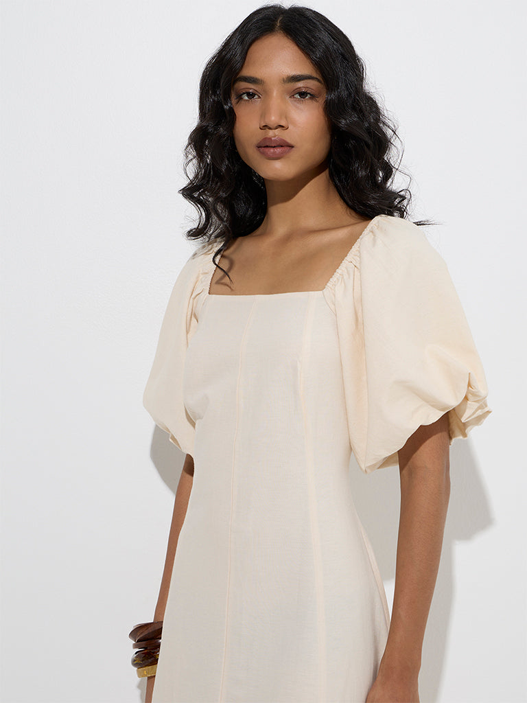 Westside LOV Women's Off-White Solid Cotton-Blend A-Line Dress for Casual Wear Zoom View