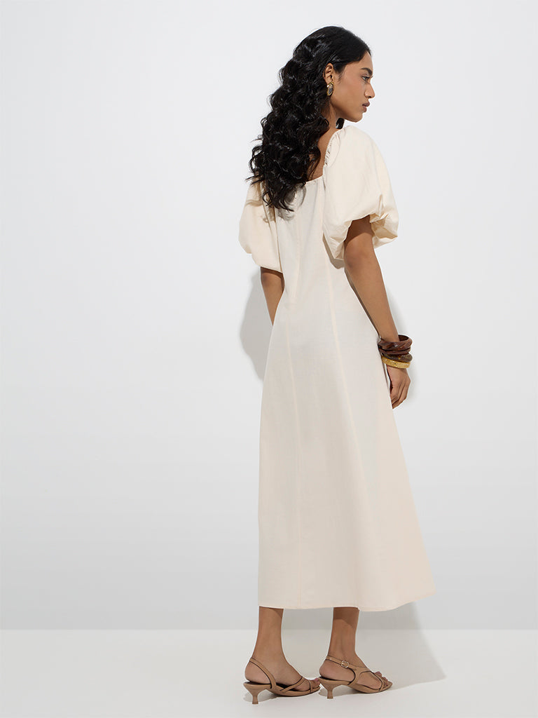 Westside LOV Women's Off-White Solid Cotton-Blend A-Line Dress for Casual Wear Back View