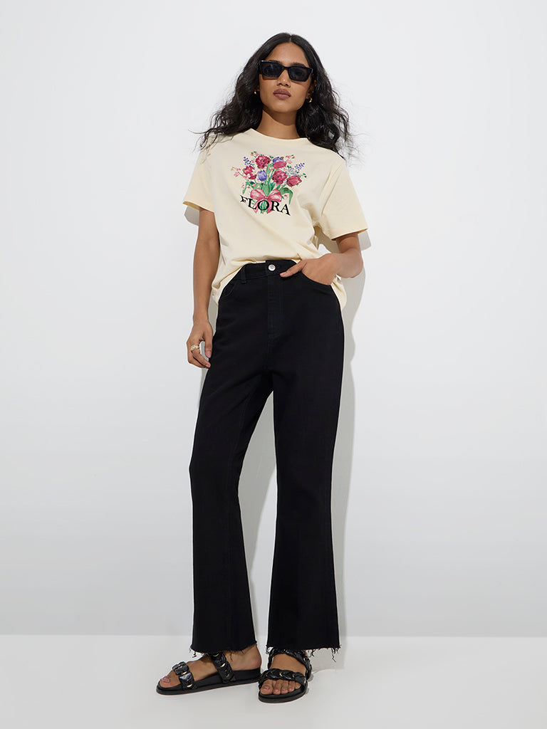 Westside LOV Women's Cream Floral Detailed Cotton T-Shirt for Casual Wear Full Model View