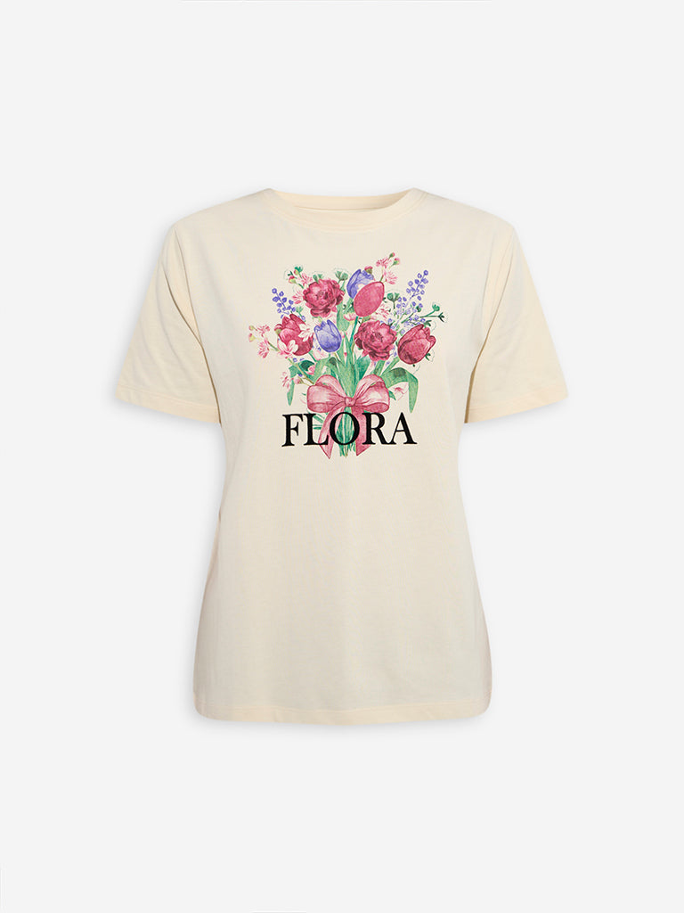 Westside LOV Women's Cream Floral Detailed Cotton T-Shirt for Casual Wear Flatly View