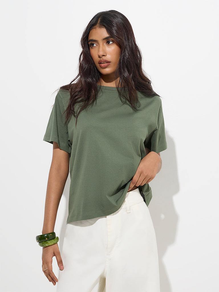 Westside LOV Women's Olive Solid Cotton T-Shirt for Casual Wear Front View