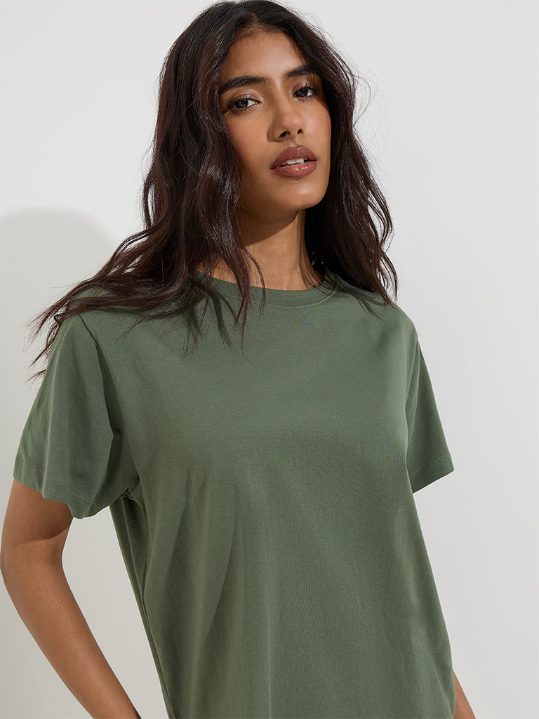 Westside LOV Women's Olive Solid Cotton T-Shirt for Casual Wear Front View