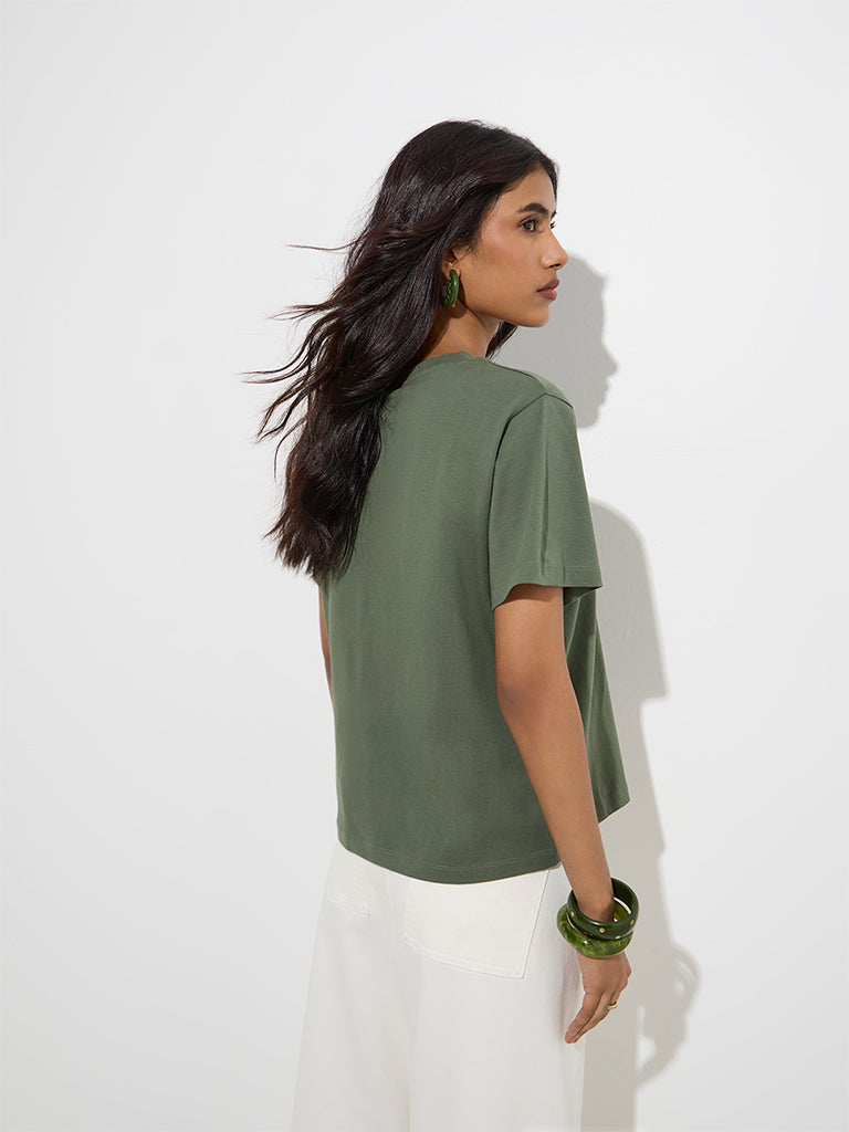 Westside LOV Women's Olive Solid Cotton T-Shirt for Casual Wear Back View