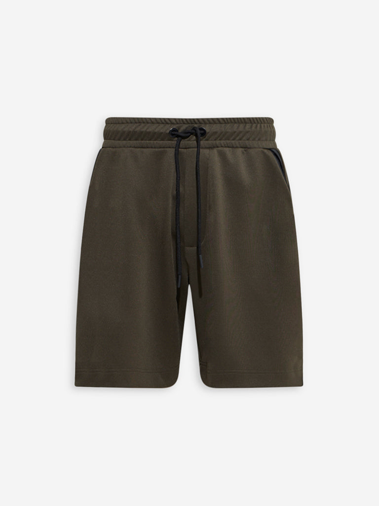 Westside Studiofit Men's Olive Solid Relaxed-Fit Mid-Rise Shorts for Sports Wear Flatly