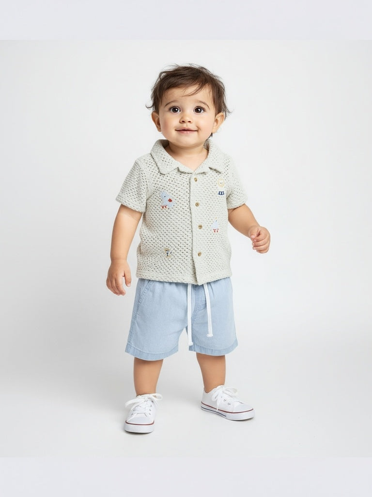 Westside HOP Baby Boys Beige Crochet-Detailed Cotton Shirt with Shorts Set for Casual Wear Full View