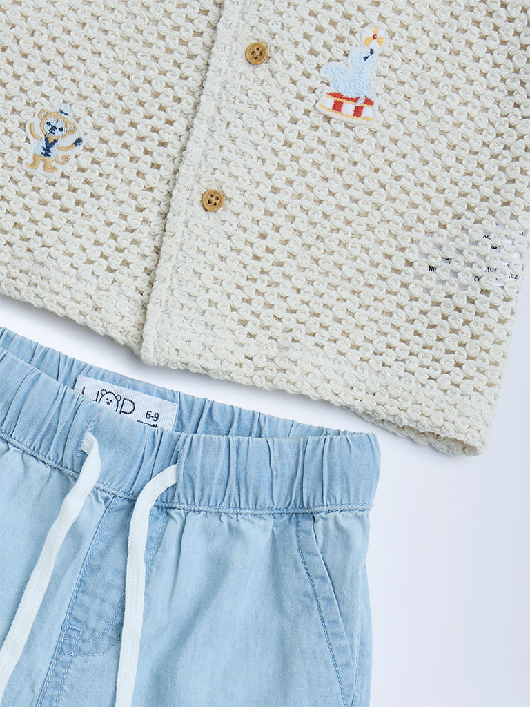 Westside HOP Baby Boys Beige Crochet-Detailed Cotton Shirt with Shorts Set for Casual Wear Zoomed View