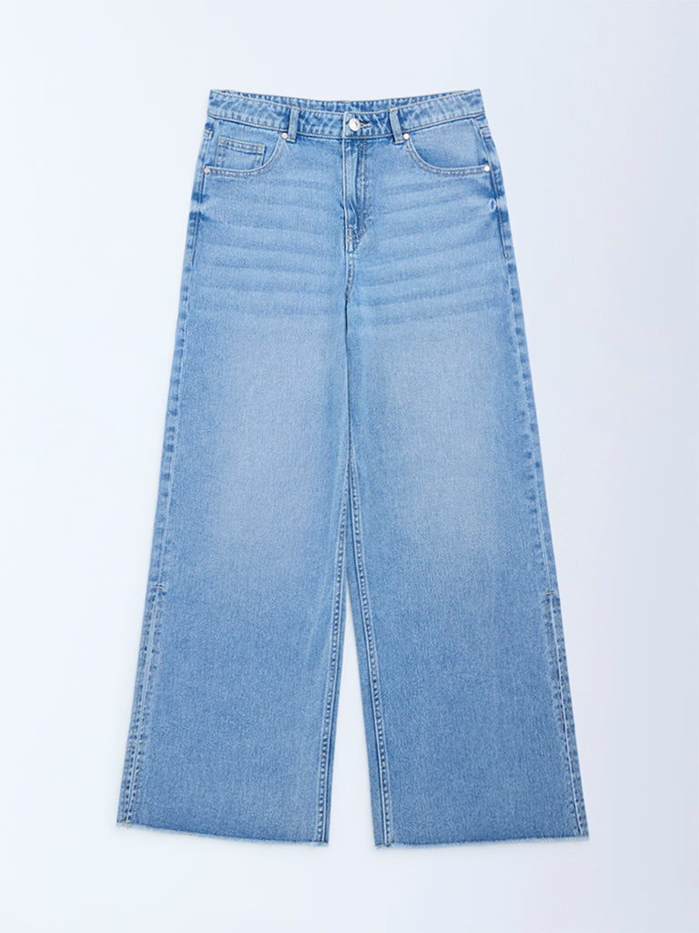 Girls Blue Faded Wide-Leg High-Rise Jeans