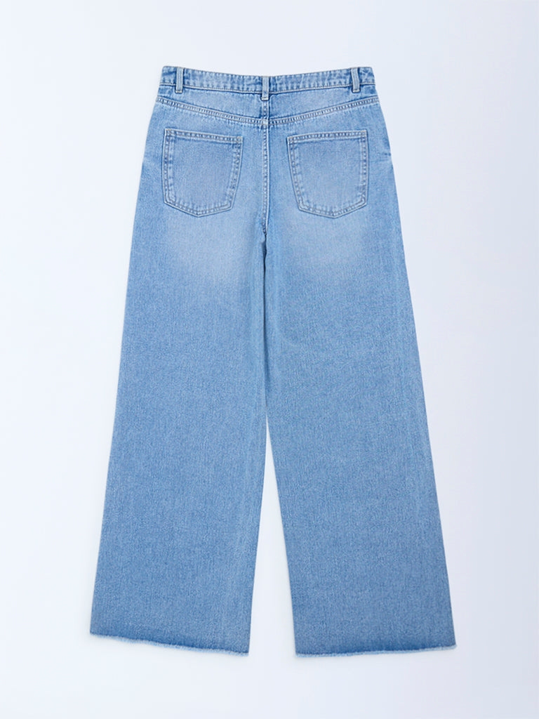 Girls Blue Faded Wide-Leg High-Rise Jeans