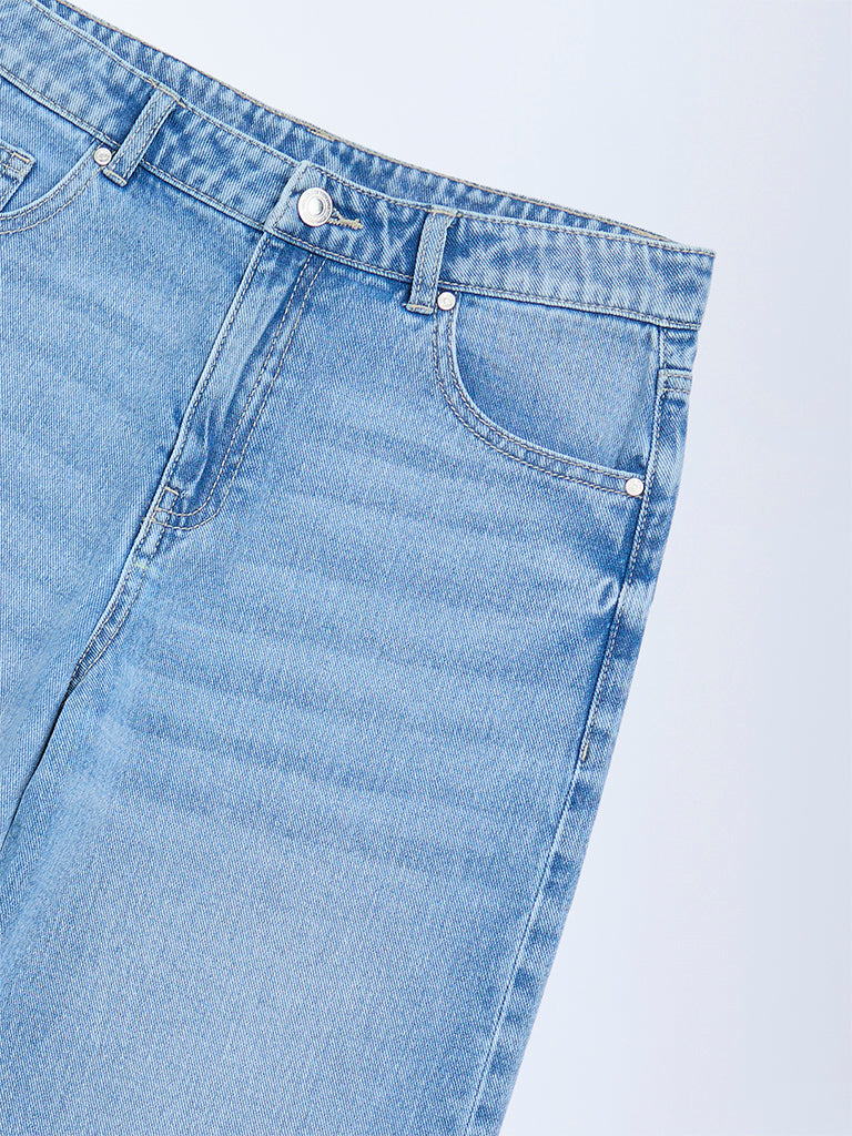 Girls Blue Faded Wide-Leg High-Rise Jeans